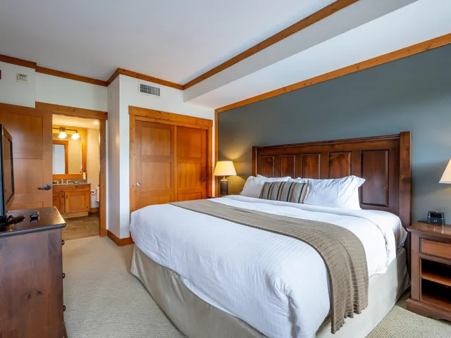 Bedroom featuring a closet, light colored carpet, ornamental molding, and ensuite bath