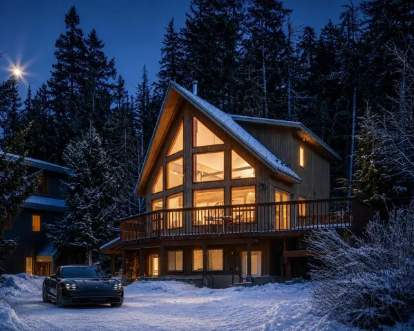 Wood-sided A-frame structure featuring a prominent wall of windows