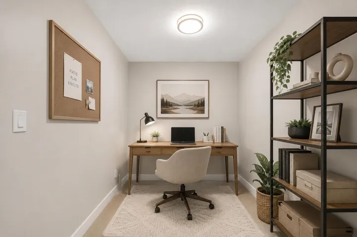 Recessed lighting, light-toned walls, wood-finish desk, and a multi-tiered shelving unit