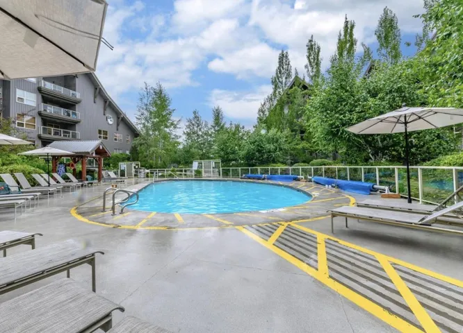 Outdoor swimming pool with surrounding concrete deck, multiple lounge chairs, and a covered pergola structure