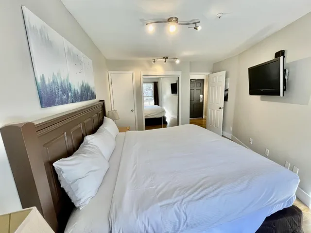Spacious sleeping area featuring a dark wood bed frame, light neutral walls, track lighting, and wood-finish flooring
