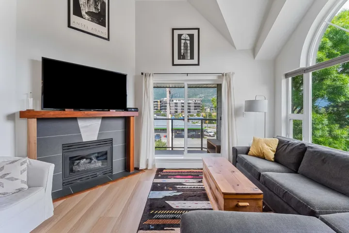 Living room featuring light wood-type flooring and vaulted ceiling