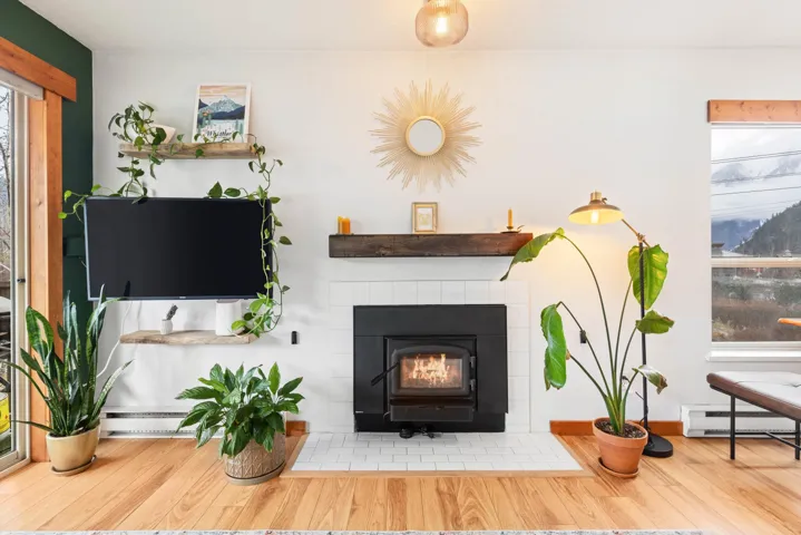 Living room with baseboard heating and wood finished floors