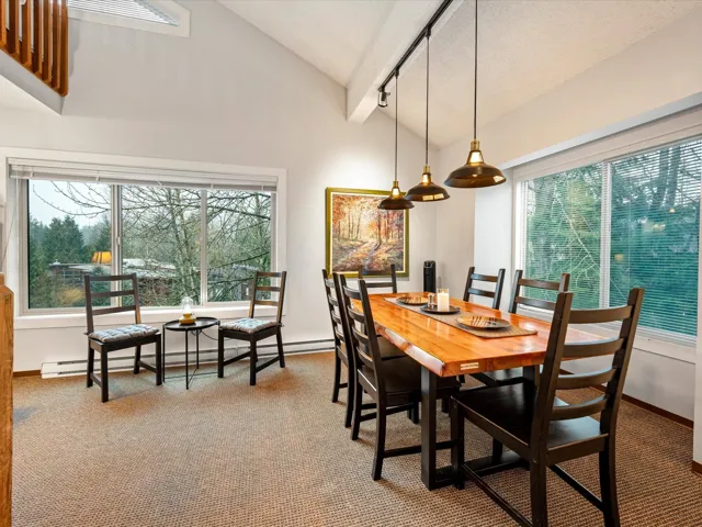 Carpeted dining room with track lighting, plenty of natural light, a baseboard heating unit, and high vaulted ceiling