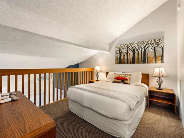 Bedroom featuring a textured ceiling, lofted ceiling, carpet flooring, and multiple windows