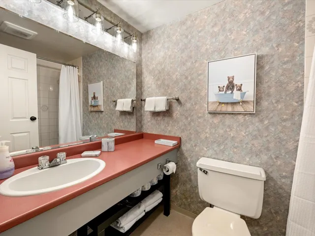Bathroom featuring curtained shower and vanity