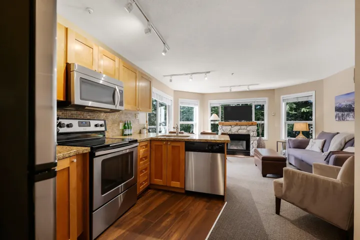 Kitchen featuring stainless steel appliances, open floor plan, dark wood-style flooring, a fireplace, and a peninsula