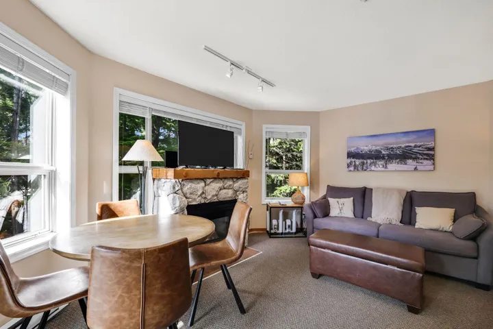 Living room featuring track lighting, a fireplace, and carpet flooring