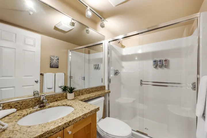 Bathroom featuring vanity, track lighting, and a stall shower