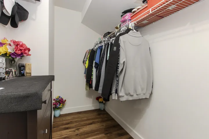 Walk in closet featuring dark wood-style flooring
