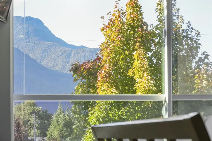 View of mountain backdrop featuring a forest