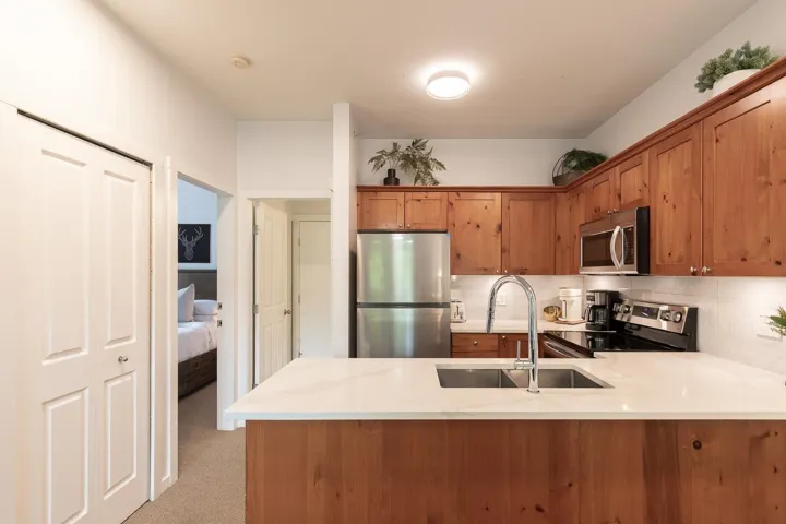 Kitchen featuring a stone-finish countertop island with a double basin sink and gooseneck faucet