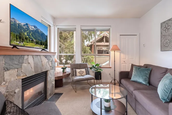 Living area featuring a stone-clad fireplace with a wood mantel, multiple windows, and light-toned carpeting