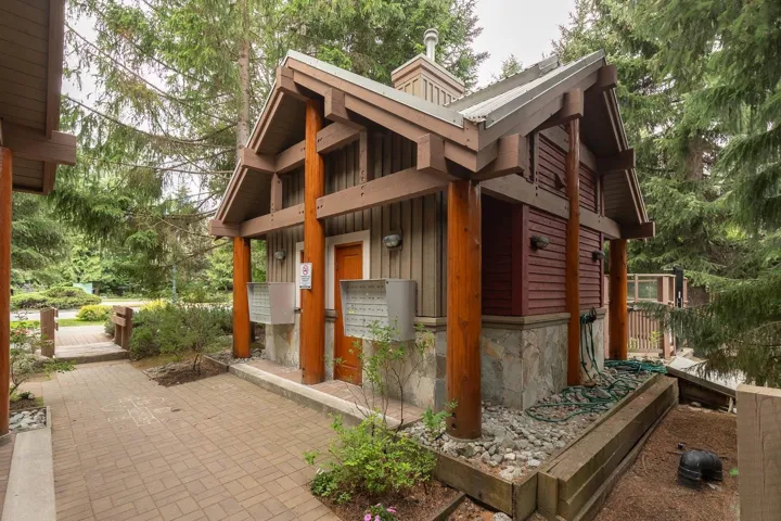 Craftsman-style structure featuring natural wood siding and robust log columns