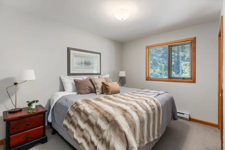 Bedroom with carpet floors and a baseboard radiator