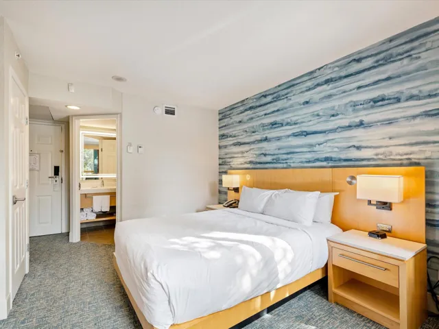 Bedroom with wallpapered walls, dark colored carpet, and visible vents