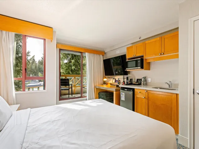 Bedroom featuring access to outside, a sink, and wet bar