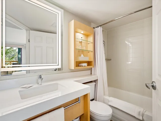 Bathroom with shower / bathtub combination with curtain, toilet, and vanity