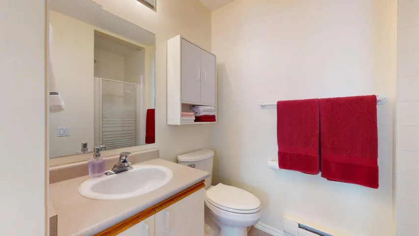 Bathroom with a stall shower, vanity, and baseboard heating