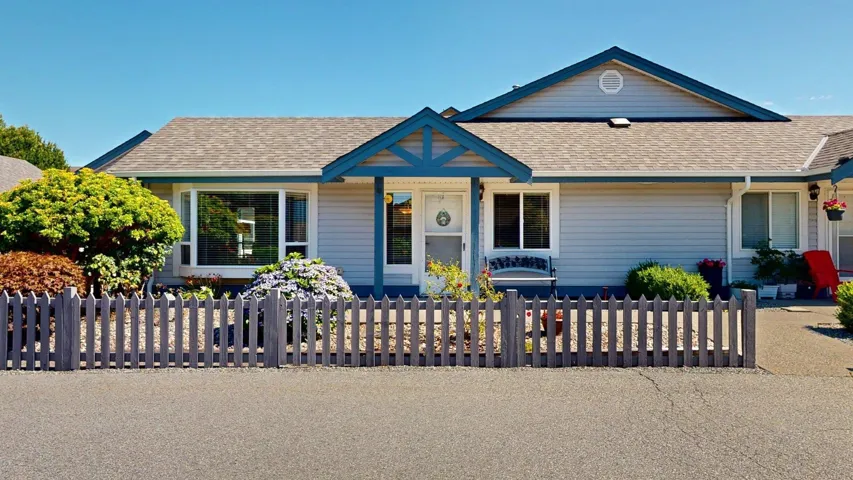 View of front of home with a shingled roof and a fenced front yard