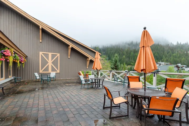 Expansive paver patio featuring a wood-style railing and forested hillside backdrop