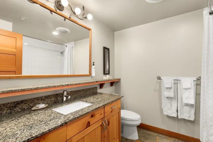 Bathroom vanity featuring a granite countertop, undermount sink, and wood-finish cabinetry