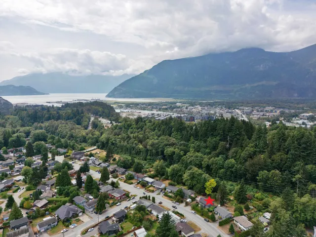 Aerial view of property's location with nearby suburban area and a water and mountain view