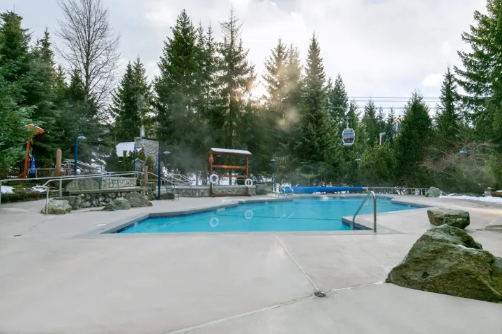 Community pool with a gazebo, a patio area, and view of scattered trees