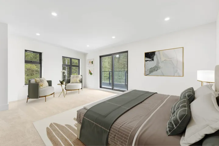 Bedroom featuring light colored carpet, recessed lighting, and access to exterior