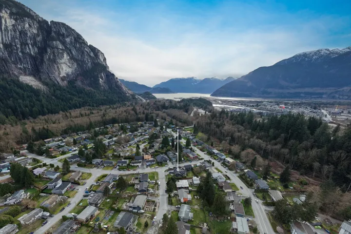 Aerial perspective of a residential neighborhood with surrounding mountains and a body of water