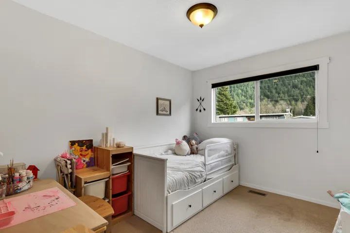 Light-filled room featuring a single window with white trim, a roller blind, and a central ceiling light fixture