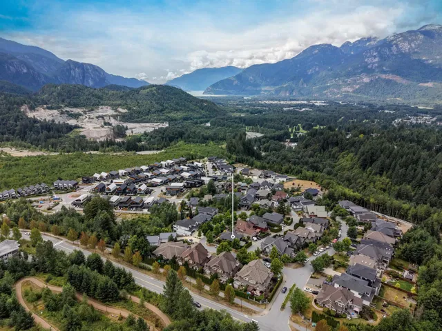 Residential community nestled within a mountainous and forested landscape