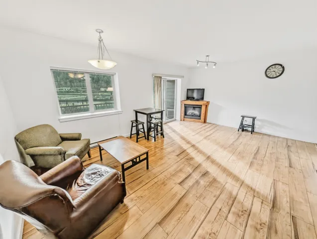 Living room featuring light wood-type flooring and a baseboard heating unit