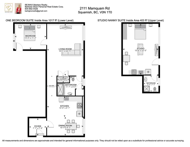 Floor plan for 1 bedroom suite and separate studio suite.