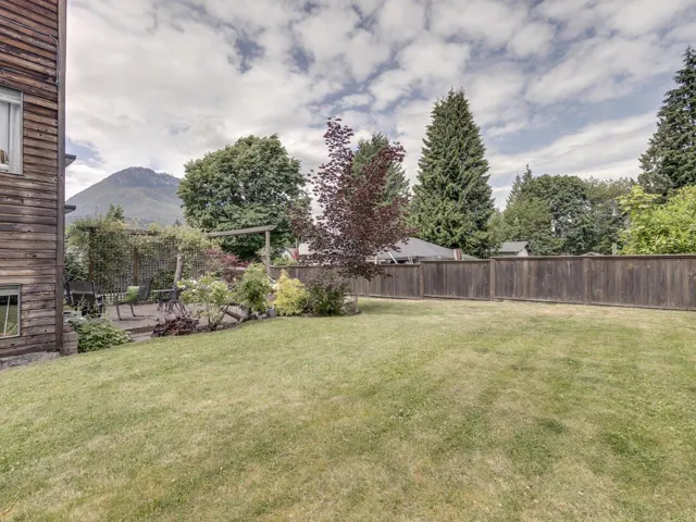 Fenced yard featuring a patio and a mountain view