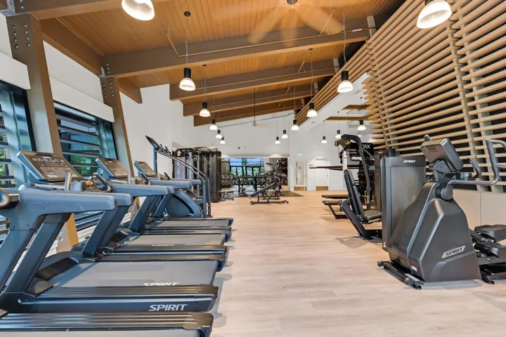Contemporary fitness center featuring a row of treadmills, various exercise machines, wood-finish flooring, and a slatted wood accent wall