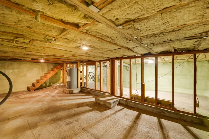 Unfinished basement featuring exposed wood beams, insulation, concrete flooring, and a water heater