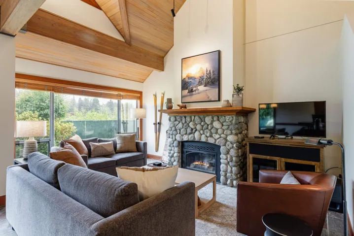 Vaulted wood-paneled ceilings with exposed beams