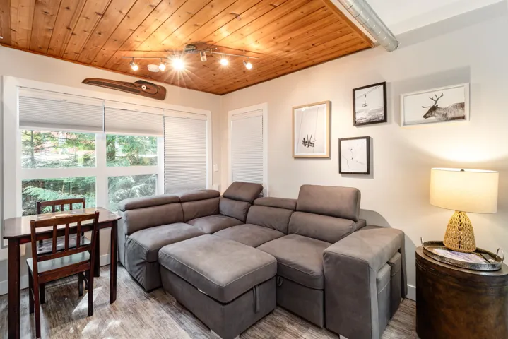 Living area with light wood-style flooring, track lighting, and wooden ceiling