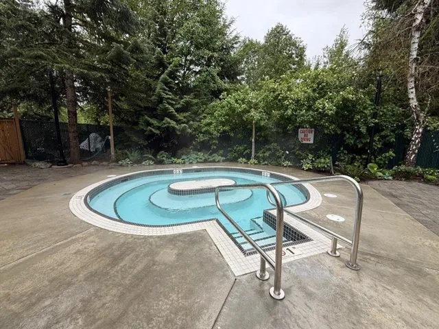 Uniquely shaped outdoor pool with integrated steps, surrounded by concrete decking and mature landscaping