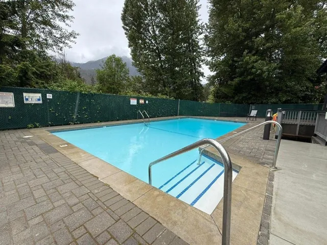 Rectangular outdoor swimming pool featuring a paver surround, integrated steps, and stainless steel handrails