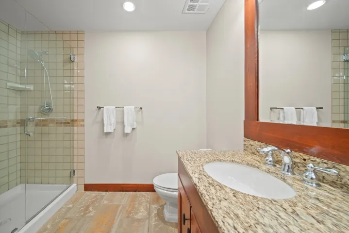 Full bathroom featuring a shower stall, vanity, and recessed lighting