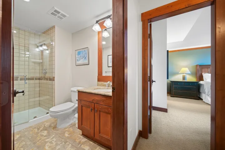 Bathroom featuring vanity, a stall shower, light colored carpet, ensuite bathroom, and recessed lighting