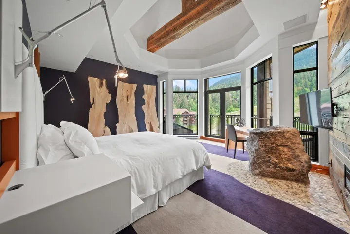 Carpeted bedroom with access to exterior and a tray ceiling