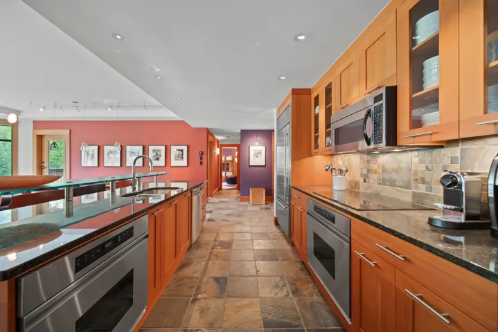 Kitchen with appliances with stainless steel finishes, tasteful backsplash, dark stone countertops, stone tile flooring, and rail lighting