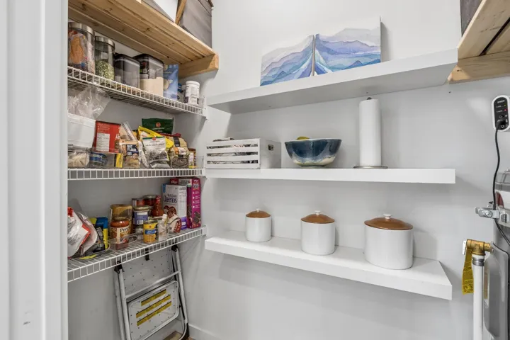 Pantry featuring white floating shelves, wire shelving, and overhead wood shelving