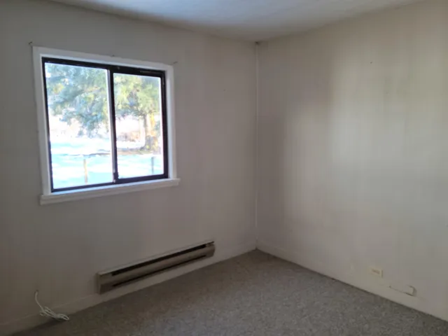 Second bedroom with baseboard heating and carpet flooring