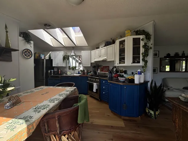 Kitchen with blue cabinets, white cabinetry, a skylight, glass insert cabinets, and dark wood-type flooring