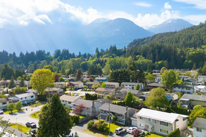 Aerial perspective of suburban area with mountains and a heavily wooded area