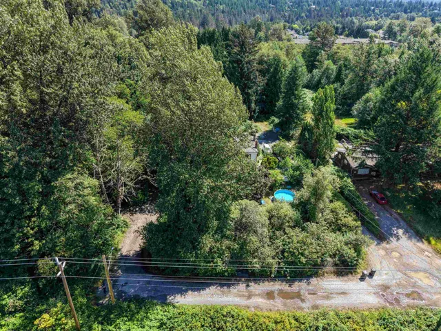 Residential property surrounded by mature trees, featuring a visible house structure and an above-ground pool